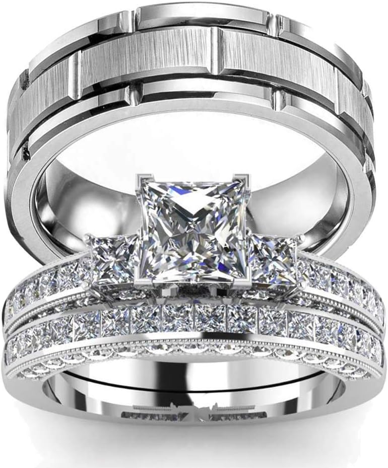 wedding ring set Two Rings His Hers Couples Matching Rings Women's 2pc White Gold Filled Square CZ Wedding Engagement Ring Bridal Sets & Men's Titanium Wedding Band
