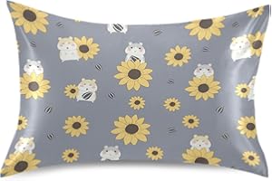 KOPIRIT Cute Sunflower Hamster Pillow Covers Silk Pillowcase for Hair and Skin Soft Breathable Smooth Cooling Satin Pillowcase Standard Size Pillow Case for Sleeping Women Boys Girls Room (20x30 Inch)