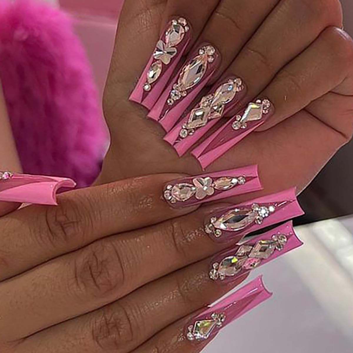 Pink French Press on Nails Long Coffin Fake Nails Full Cover False Nails with Designs Rhinestone Glue on Nails Ballerina Acrylic Stick on Nails Square Bling Luxury Aritificial Nails for Women 24 Pcs