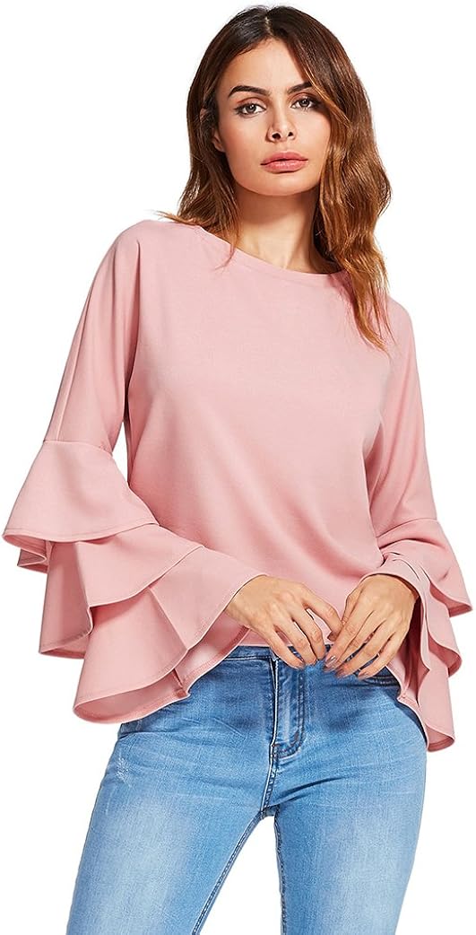 SheIn Women's Round Neck Ruffle Long Sleeve Blouse
