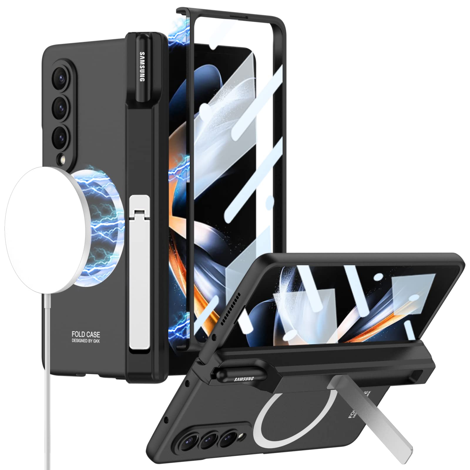 Photo 1 of DOOTOO Magnetic Case for Samsung Galaxy Z Fold 3 Hinge Protection with S Pen Holder, Compatible with Magsafe Wireless Charger, Built-in Screen Protector & Kickstand (Black)