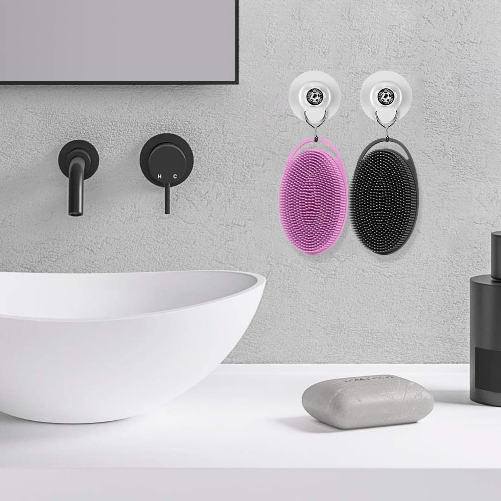 Soft Silicone Body Shower Exfoliating Silicone Body Scrubber, Silicone Loofah 2 in 1 Bath and Shampoo Brush, Body Scrubber Shower Easy to Clean for Sensitive Skin, Lather Well 2 PCS Black and Purple