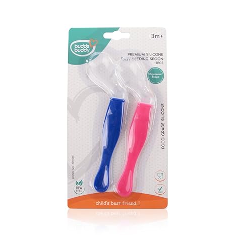 Buddsbuddy BB7075 Premium Silicone Easy Feeding Spoon, 2 Pieces (Pink/Blue)