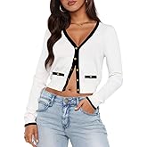 LEEDYA Women's Long Sleeve Cardigan Open Front Knit Cropped Sweaters Fall Color Block Button Down V Neck Lightweight Tops