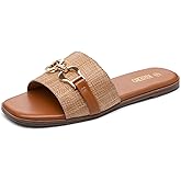 Rihero Women's Flat Sandals Summer Comfortable Square Open Toe Slip On Leather Slide Sandals