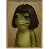 Funny Frog Wall Art, Whimsical Green Frog Wall Decor Painting Cute Animal Poster Canvas Prints Artwork for Living Room Bedroom Bathroom 12x16 inch Wood Framed