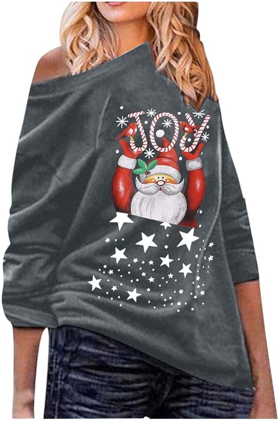 Women Off Shoulder Christmas Sweatshirt, Ulanda Women's Santa Claus Printed Oversized Pullover 