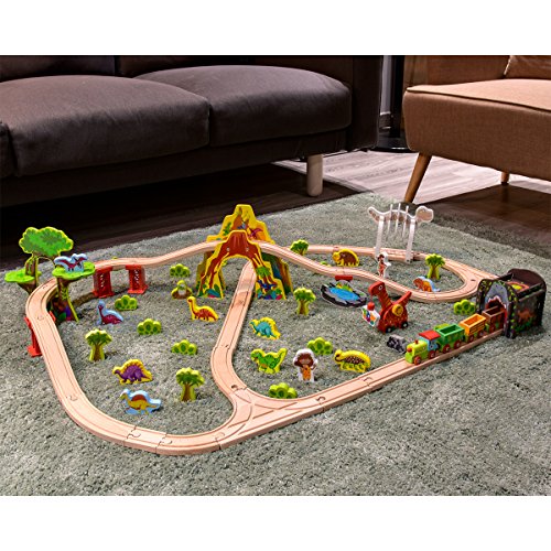 COSSY Dinosaur Theme Wooden Train Set - 81 pcs Railway Tracks & Accessories, Magnetic Trains Cars for Toddlers & Older Kids (Large)
