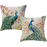 ULOVE LOVE YOURSELF 2Pack Peacock Throw Pillow Covers Only Watercolor Peacock Pillowcases with Floral Farmhouse Rustic Decorative Cushion Cover 18 X 18 Inch for Sofa/Couch/Porch (Blue/Pink)