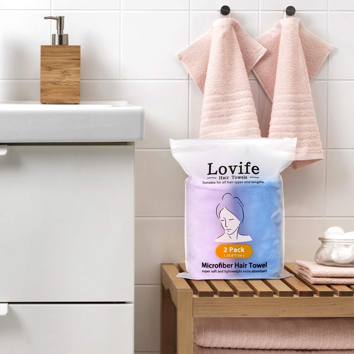 Lovife Microfiber Hair Towel Wrap 2 Pack Quick Drying Towels Hair Drying Turban Towel with Button Absorbent Cap for Long & Curly Hair Anti-Frizz