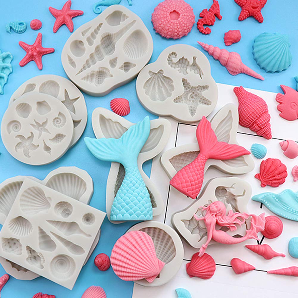 Koogel 21pcs Marine Theme Fondant Silicone Mold,Mermaid Chocolate Mold Mermaid Tail Mold Seahorse Dolphin Seashell Starfish Mold for Cake Decoration Candy Polymer Clay Sugar Craft