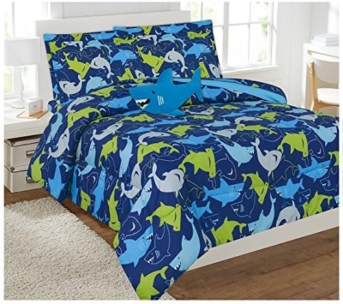 8 Piece Full Size Blue Shark Comforter and Sheet Set Bed in a Bag with Bonus Stuffed Animal