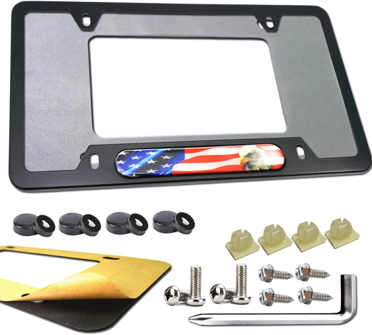 Aootf Aluminum License Plate Frame- 3D Domed Decal License Plate Holder with Stainless Steel Plate Screws, Caps and License Plate Rattle-Proof Pad (Black Aluminum Frame, 3D Eagle American Flag Decal)