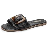 Rihero Raffia Flat Sandals Women Square Toe Buckle Summer Beach Slides | Soft Breathable Lining, Woven Cushioned Footbed, Stylish Oversized Buckle, Vacation, Shopping, Daily, Effortless Style
