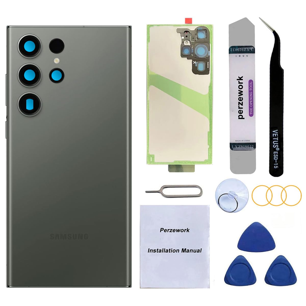 Perzework OEM Rear Back Glass Replacement for Samsung Galaxy S23 Ultra 6.8 inches with Reparing Toolkit and Manual (Green)
