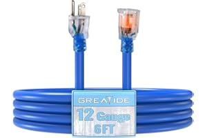 GREATIDE Outdoor Extension Cord with Lighted End, 12 Gauge Heavy Duty 6 FT, 3 Prong Grounded 15 Amp, 12/3 SJTW Waterproof Pow