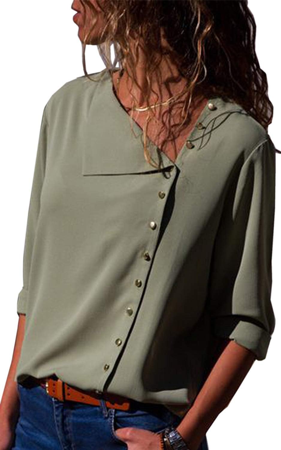 Yknktstc Womens Button up Long Sleeve T-Shirt Casual Blouse Tunic Tops T Shirt (A-Green, Large)