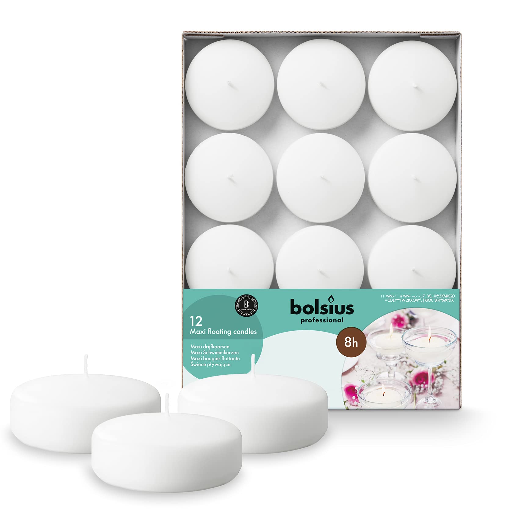 Bolsius - Maxi Floating Candles - White - 12 Pieces in a Box - Ø 7.6 cm - Burning Time 8 Hours - Fragrance-Free - Paraffin Wax - XL Floating Candle - Various Occasions