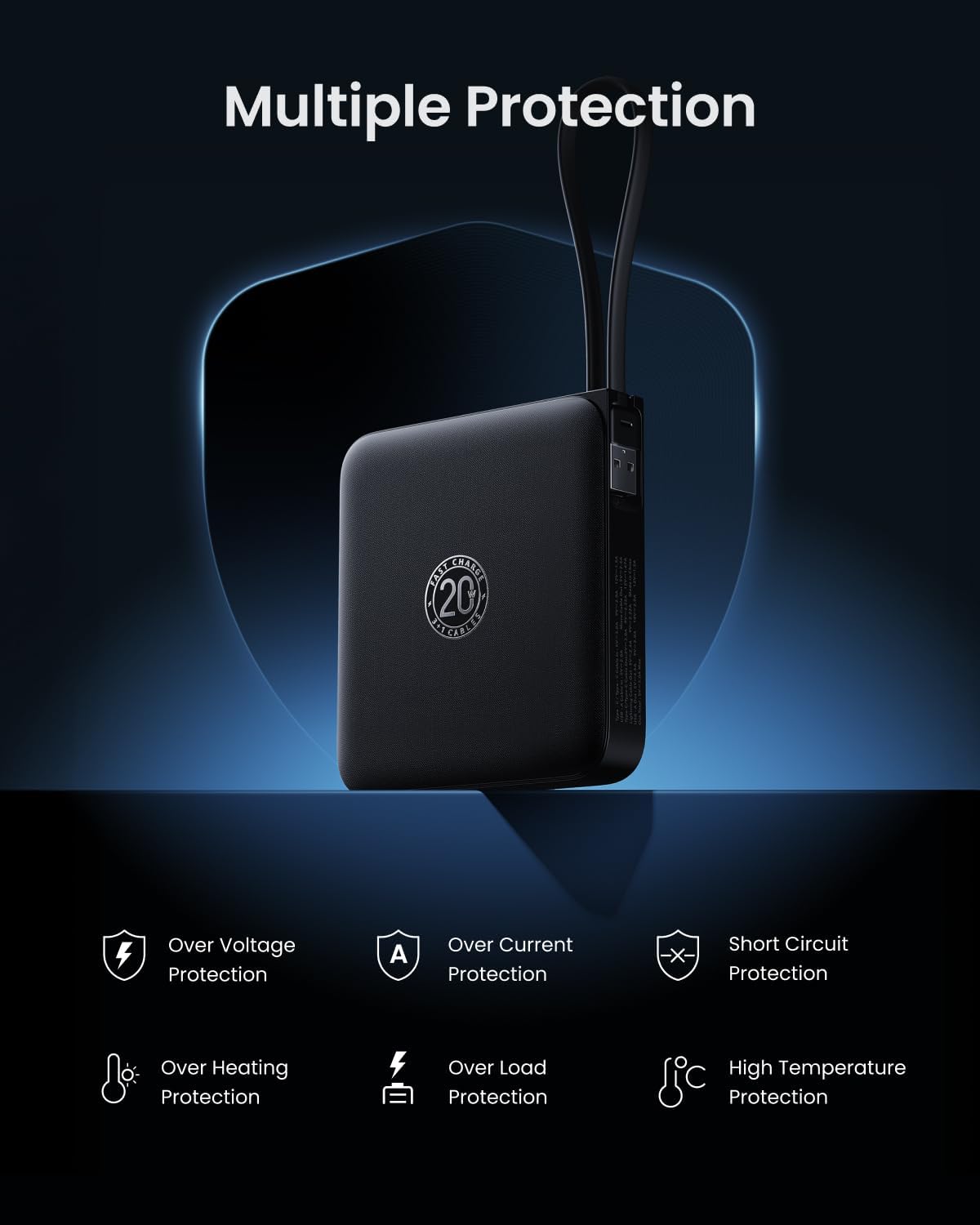 Coowisty Powerbank 22,5W Power Bank mit Kabel 20000mAh USB-C Schnellladung Klein Externe Handyakkus & LED-Display Mini Tragbares Ladegerät Kompatibel mit iPhone 17 16 15 Xiaomi Samsung iPad (Schwarz) 7