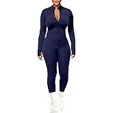 UOUA Womens Workout Set Two Piece Outfits Bodycon Long Sleeve Zipper Jacket & Leggings for Gym Tracksuit
