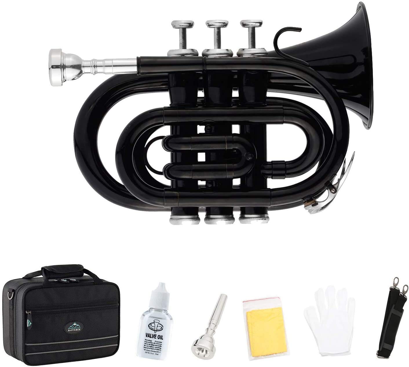 EastRock Pocket Trumpet Brass Bb Trumpet with 7 C Mouthpiece, Hard Case, Strap, White Gloves, Cleaning Kit for Students and Beginners(Black)