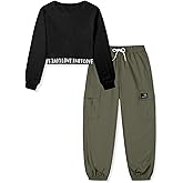 Betusline Girls 2 Piece Outfit Set, Long Sleeve Crop Top & Cargo Jogger Pants Fall Winter Clothes, Girl Clothes Set,4T-14Y