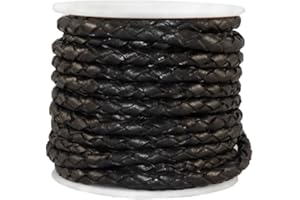 Cords Craft 3mm Braided Leather Cord for Jewelry Making, Round Bolo Braided Leather Cord, Wrap Bracelets, Necklaces, DIY Craft, Hobby Projects, Black Vintage, Roll of 5 Meters = 5.46 Yards