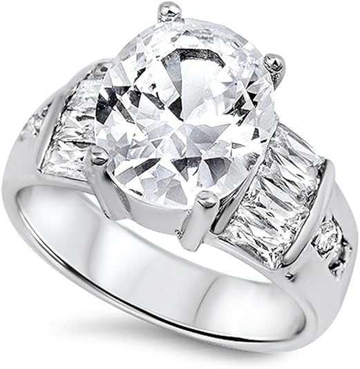 Sterling Silver Large Oval Clear Cubic Zirconia Cocktail CZ