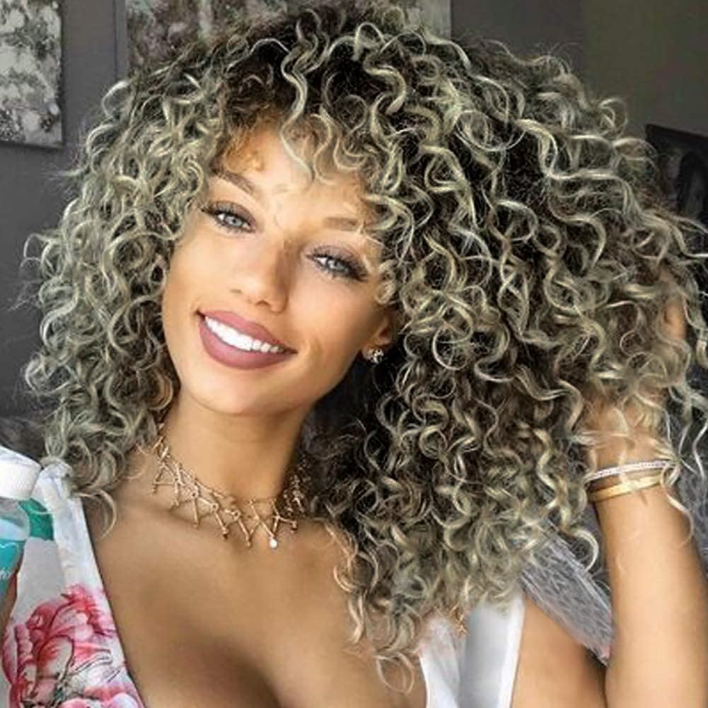 Colorfulpanda Deep Curly Afro Wigs for Women Medinum Length Natural Synthetic Hair Afro Kinky Curly Wig for Costume Wig or Daily Wear (Ash brown blonde)