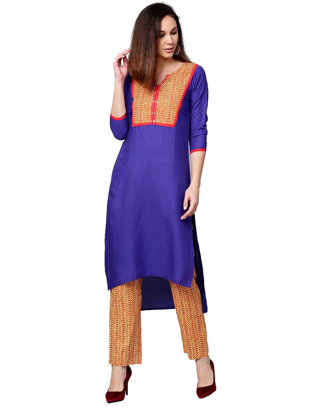 jaipur kurti women blue & mustard solid straight cotton kurta with palazzo