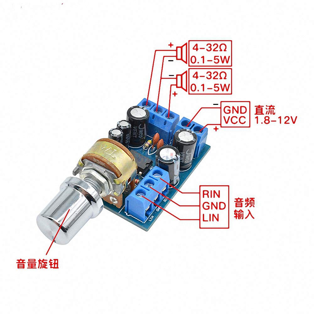 EMSea Kit 2 Amplis Audio Mini TDA2822M - Double Canal 1.8-12V, Entrée 3.5mm, Contrôle Volume - Parfait Pour DIY Et Petit Projects