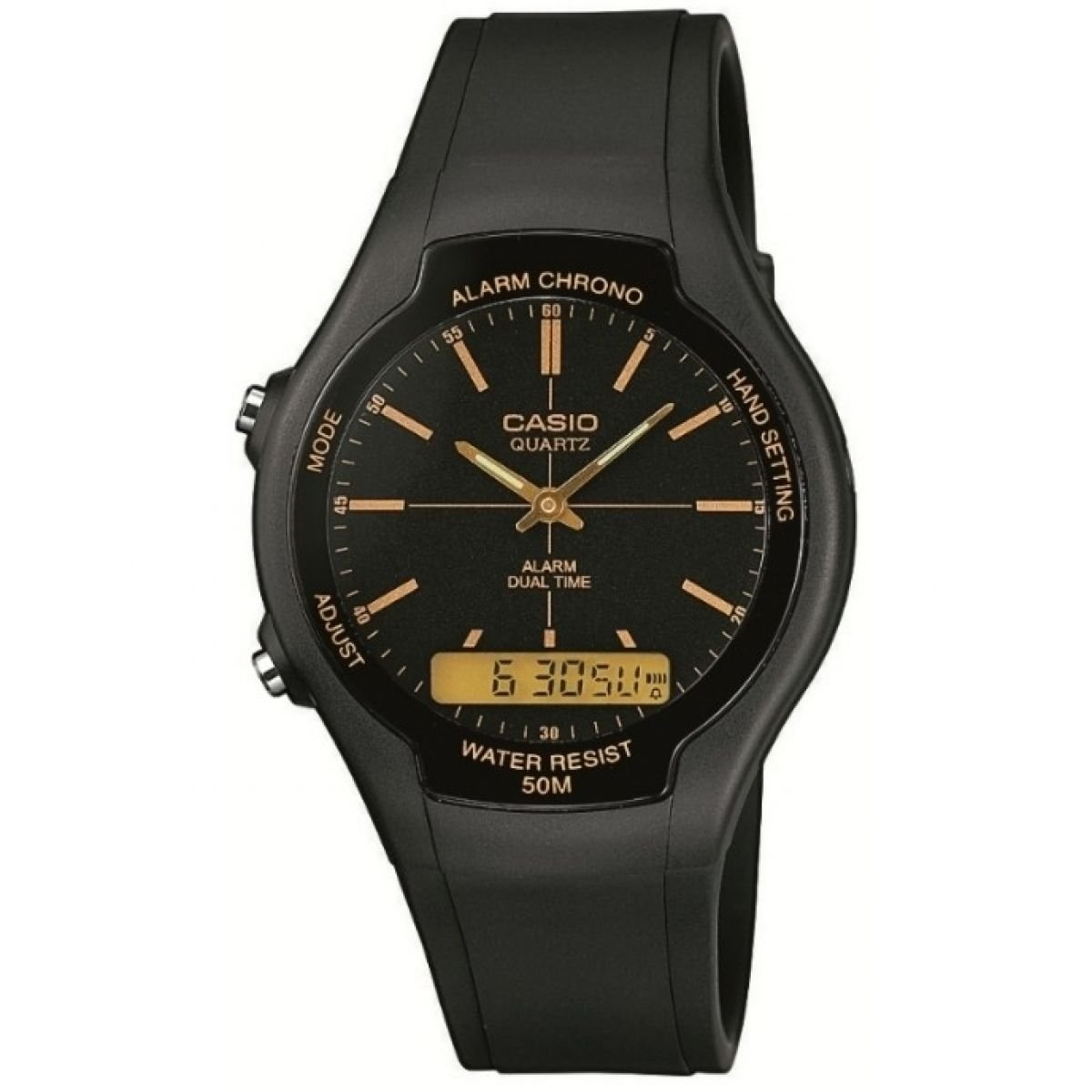 Casio Gents 38.00mm Quartz Watch with Black Analogue - Digital dial and Black Rubber Strap Strap AW-90H-9EVEF