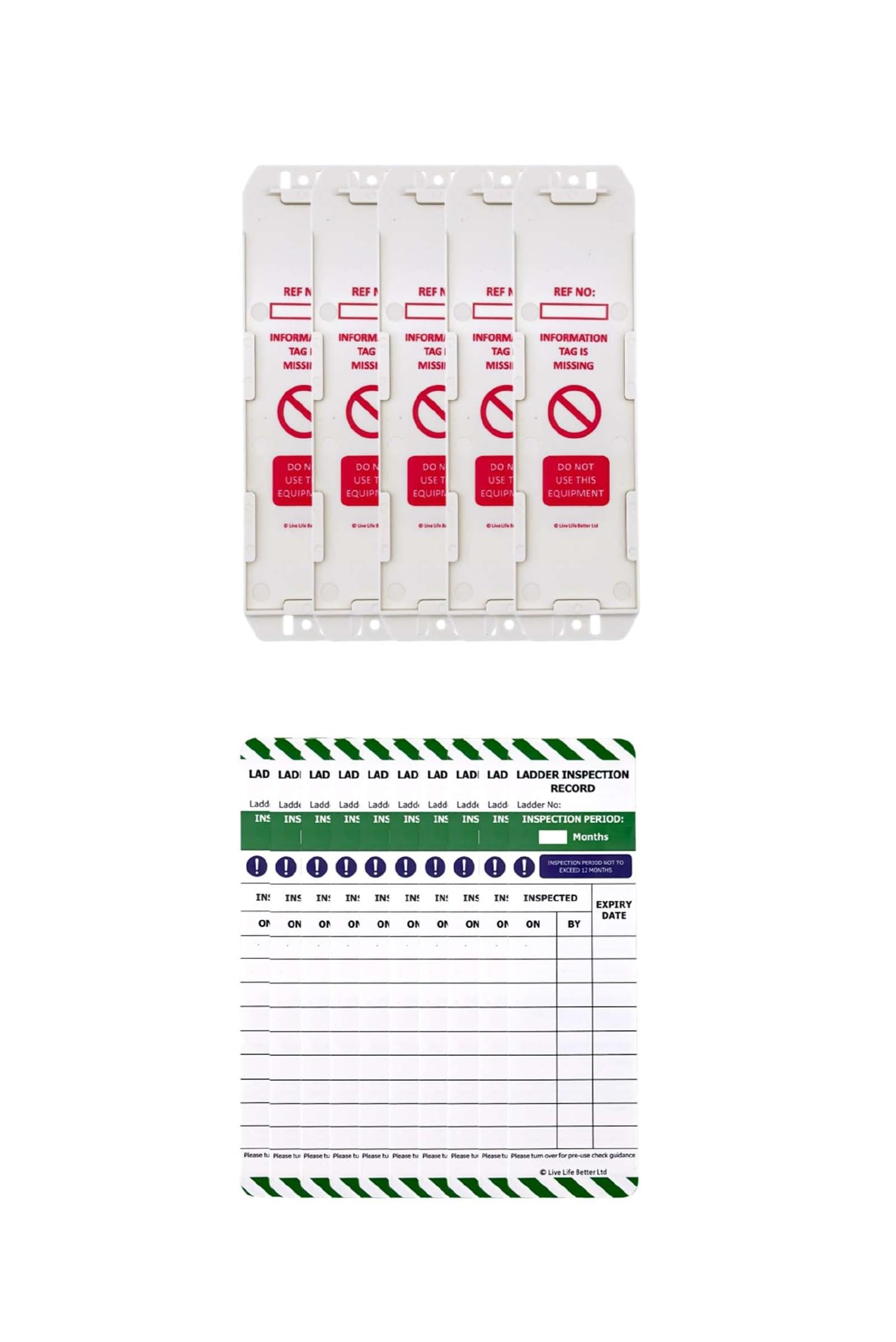 LIVELIFEBETTER® Ladder Tags - 5 Holders & 10 Ladder Inspection Tag Inserts - Fits all ladder types - Robust & Durable - Suitable for Indoor & Outdoor Use