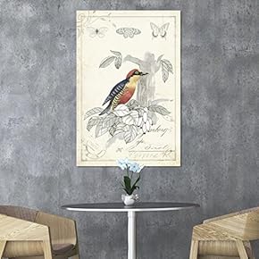 Canvas Wall Art - Vintage Style Colorful Birds on The Tree on Floral Background - Giclee Print Gallery Wrap Modern Home Art Ready to Hang - 12x18 inches