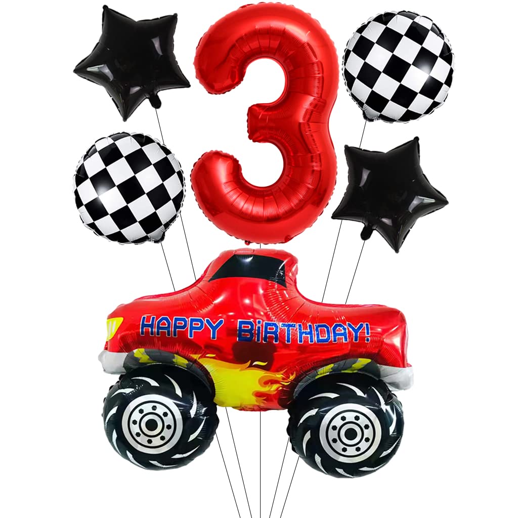Liitata Giant Race Car Balloon - 3rd Race Truck Birthday Decor Red Number 3 Foil Balloon with Checkered Flag and Star for Boy's Birthday Party Theme