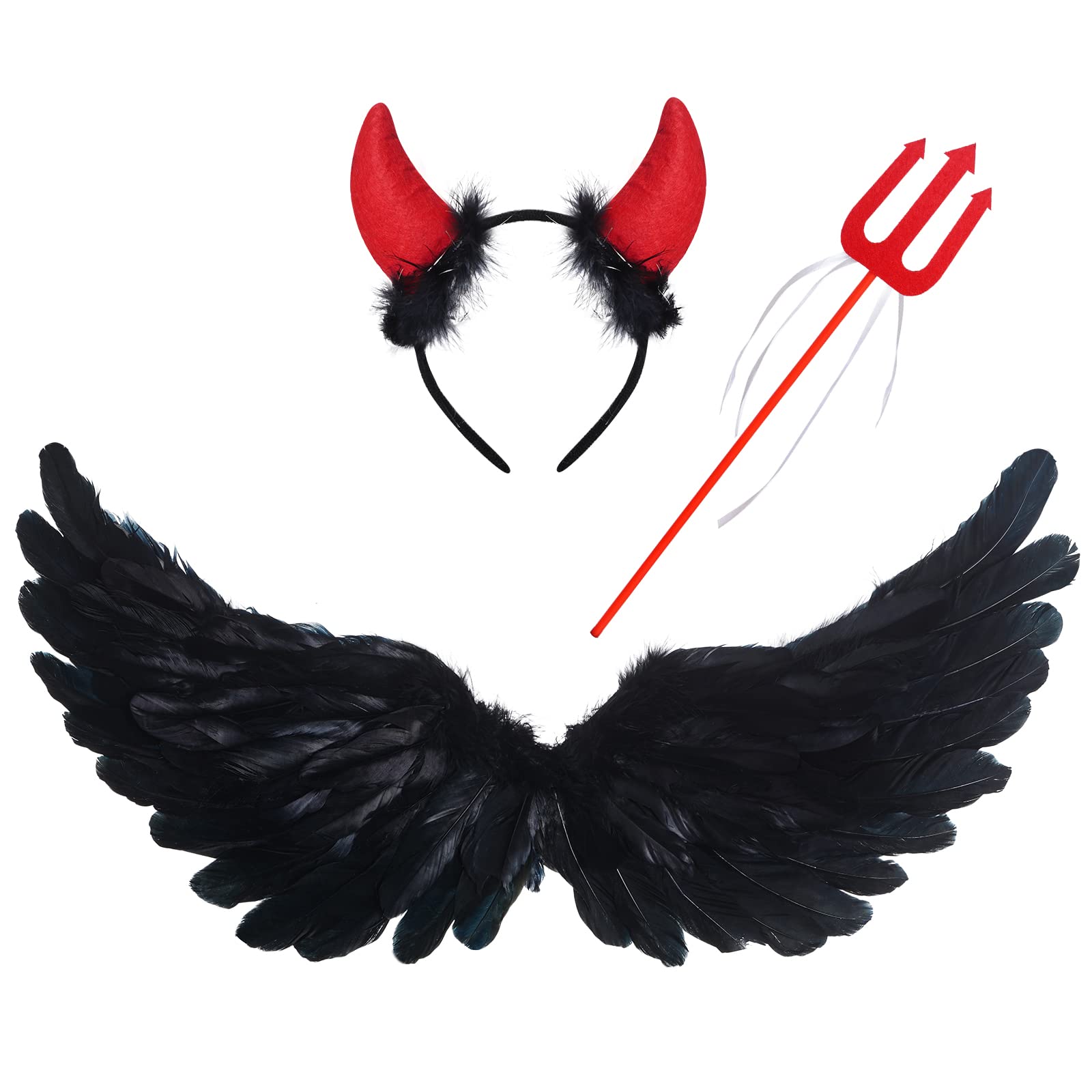 Pack of 3 Angel Wings Costume Feathers Angel Wings Black and Devil Horns Headband and Devil Hayfork Costumes for Halloween Carnival Cosplay Party