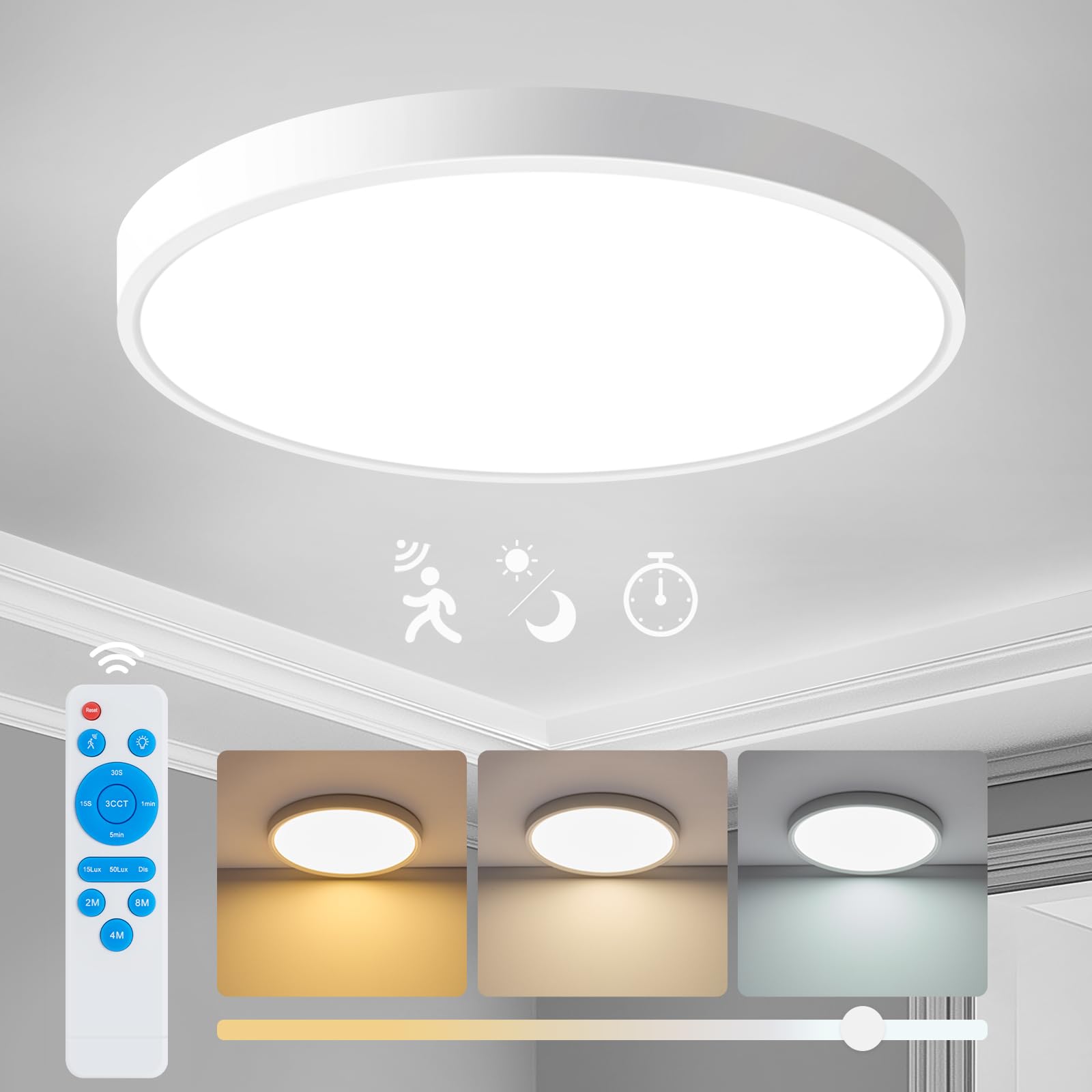 Yafido 30CM Motion Sensor Indoor Ceiling Light Fitting with Remote, 24W 2400LM LED Round Modern Porch Lamp, IP44 Waterproof, Bathroom Kitchen Hallway Roof Stairway Garge, Warm/Natural/Cool White