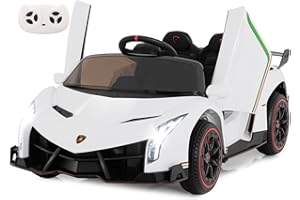 INFANS 2 Seater Kids Ride on Car, 12V 4WD Licensed Lamborghini Veneno Powered Electric Vehicle with Hydraulic Doors, Rocking Mode, Adjustable Speeds, Remote Control, MP3, Headlight (White)