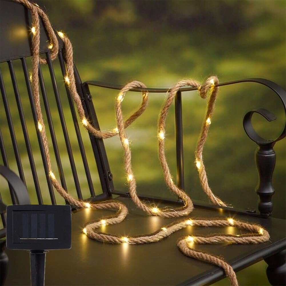 2M 6 mm 40led Jute Rope Light String Solar Powered 8 Modes with Remote Control,for Gardening Camping Bundling Arts Burlap Twine Strings Christmas Party Wedding Decoration