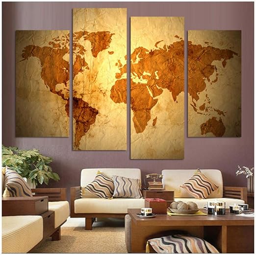 Modern decorations 4 Piece World Continent Map Wall Painting Modern