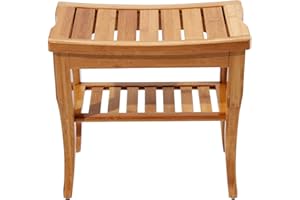soges Bamboo Shower Bench Seat Wooden Spa Bench Stool with Storage Shelf, Bath Seat Bench Stool Perfect for Indoor or Outdoor