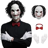 Oumbivil Saw Billy Costume Mask Adult Horror Movie Full Head Latex Mask with Hair Scary Halloween Costumes Clown Puppet Cosplay with Red Bow Tie and Gloves Party Masquerade Props OU084