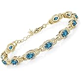 Gem Stone King 18K Yellow Gold Plated Silver Oval Gemstone Birthstone Tennis Bracelet For Women | Oval 6X4MM | 7 Inch With 1 Inch Extender | Fine Jewelry Gifts for Her Mom Women Wife