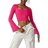 Meyeeka Flare Sleeve Crop Tops for Women Square Neck Long Sleeve Shirts Stretchy Top