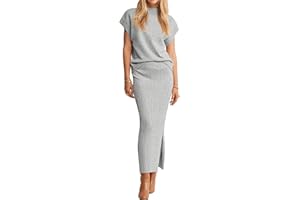 Pink Queen Women's 2 Piece Sweater Outfits Set Summer Cap Sleeve Tops Bodycon Maxi Long Skirt Knit Dresses