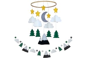 Sorrel + Fern Baby Crib Mobile (Starry Woodland Night w/Garland, Evergreen) - Nursery Decoration Crib Mobile and Baby Shower for Boys & Girls