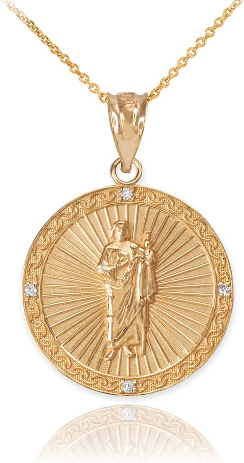 14k Gold Saint Jude Thaddeus Diamond Round Medal Charm Necklace (Small)