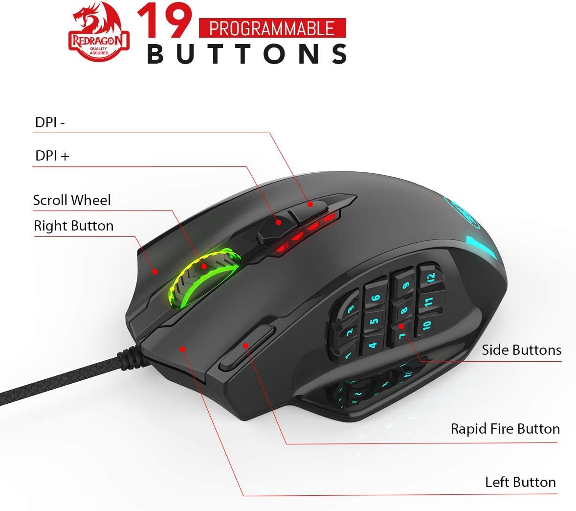 Redragon M908 Impact RGB LED MMO Mouse with Side Buttons Optical Wired Gaming Mouse with 12,400DPI, High Precision, 19 Programmable Mouse Buttons: Computers & Accessories