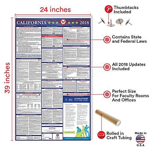 California 2018 Labor Law Posters - 2 PACK - 39" x 24" - State & Federal Compliance OSHA Approved - Laminated Double Side Employment Workers Compensation Compliant - CA Employee Minimum Wage - English
