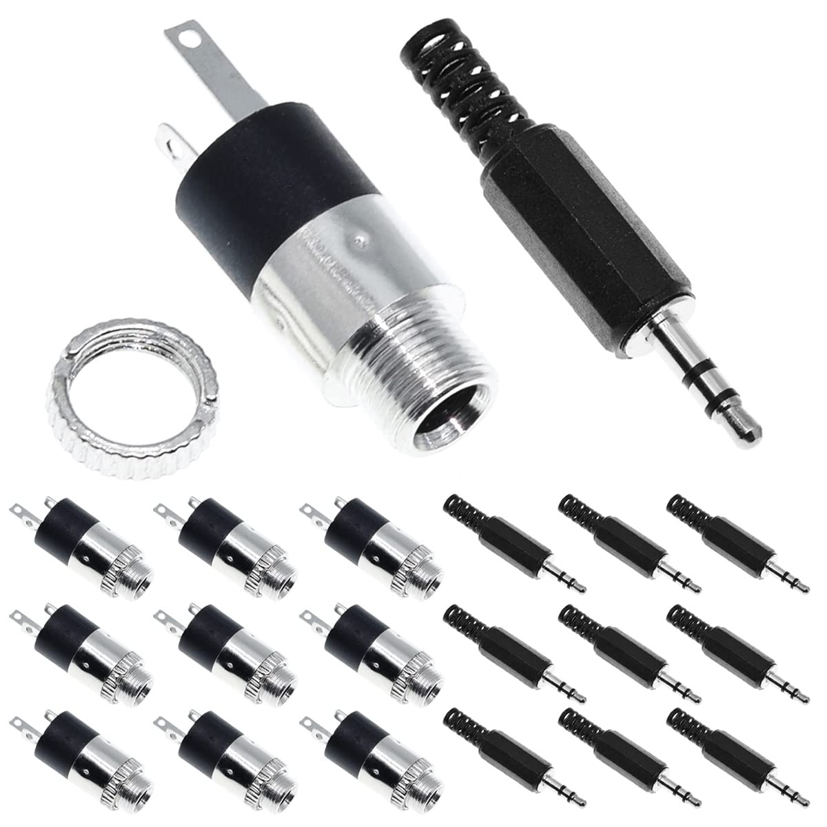 DAOKAI 10 Pcs 3.5mm Stereo Jack Panel Mount Nickel Plated Female Audio Connector PJ-392 Audio Socket for Headphone/Audio/Video with 3.5mm TRS Male Plug